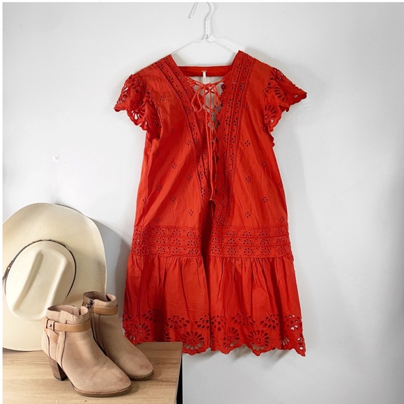 Free People Esperanza Orange Eyelet Mini Dress Size Small - Picture 5 of 15